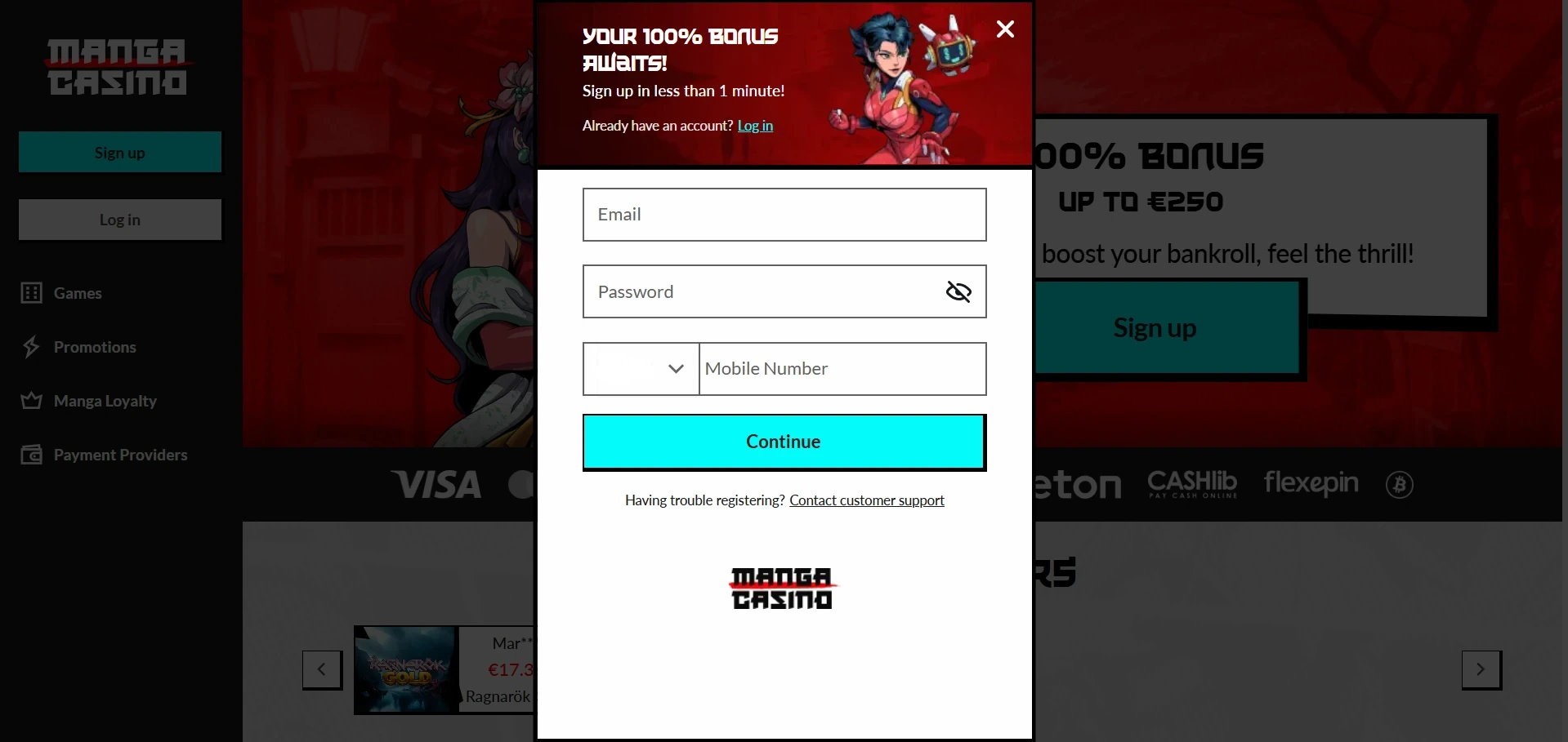 Manga casino registreren